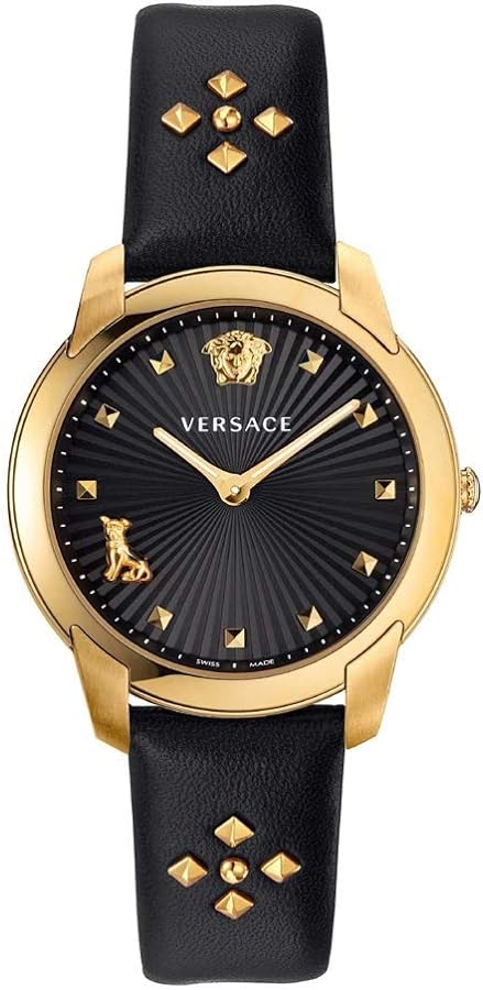 Versace Audrey women's watch with gold case, black dial, and studded black leather strap