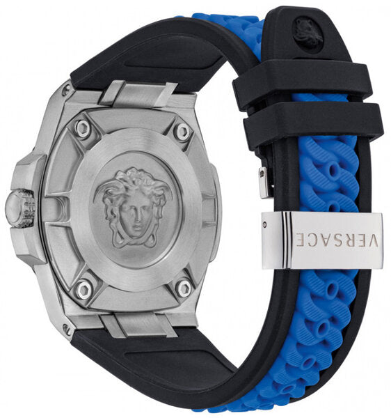 Caseback view showing Medusa head design and blue rubber strap