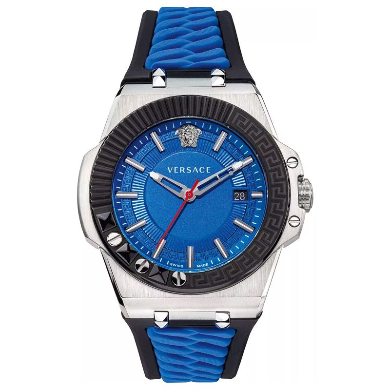 Versace Chain Reaction quartz watch with blue dial, stainless steel case, and blue rubber strap