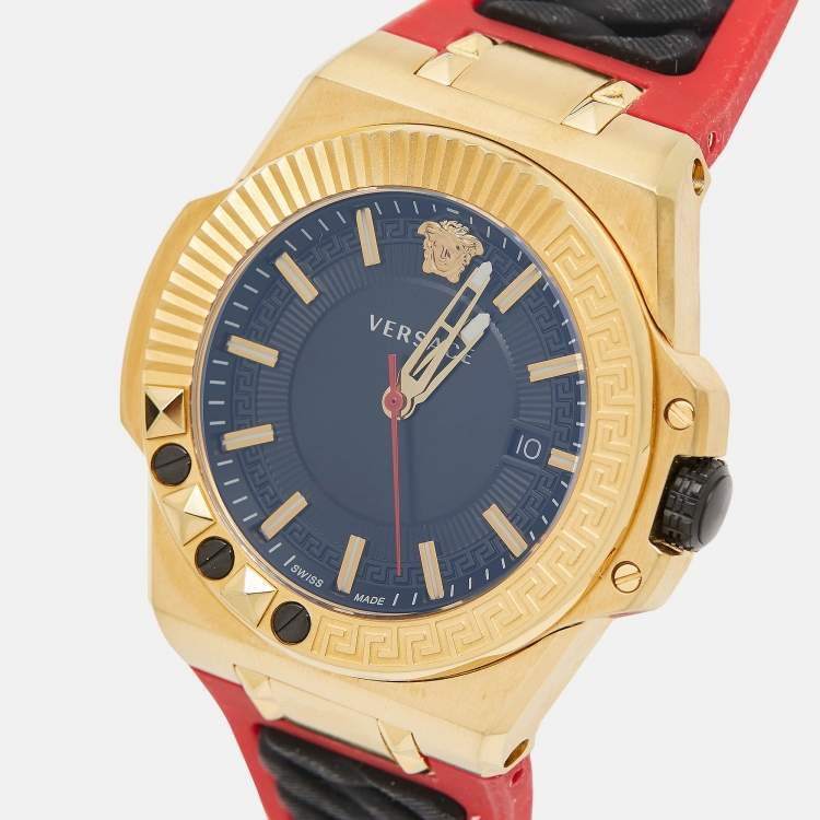 Angled view of Versace Chain Reaction watch showing black dial and geometric case design