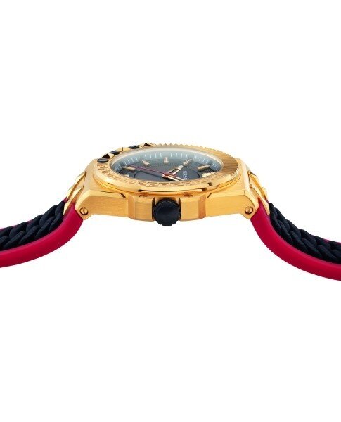 Side view of Versace Chain Reaction watch with gold-tone case and red and black strap