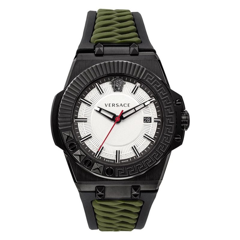 Versace Chain Reaction quartz watch with white dial, black case, and green rubber strap