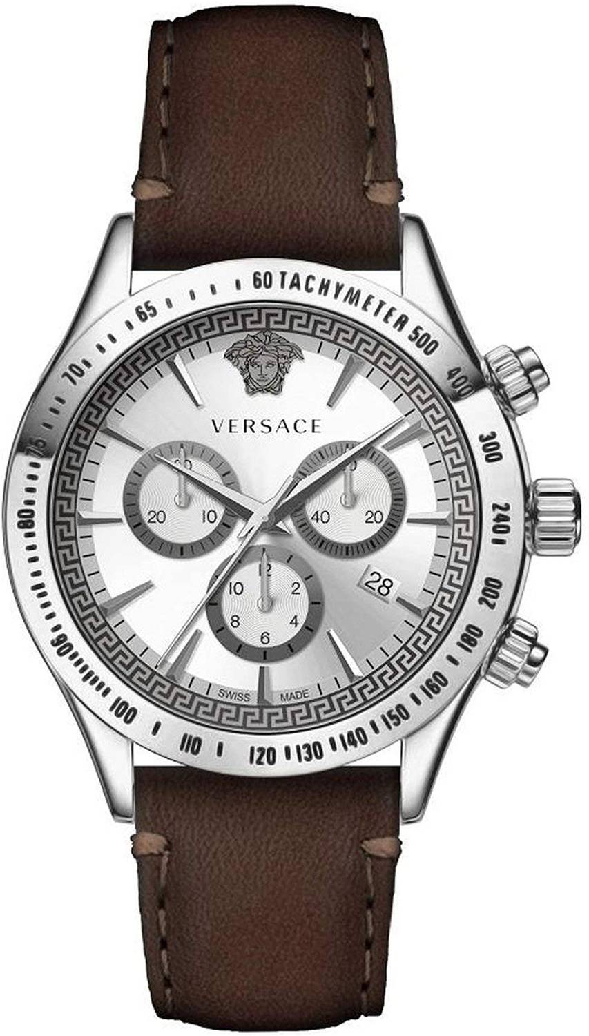 Versace Classic Chronograph watch with silver dial, three subdials, and brown leather strap
