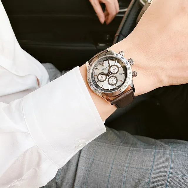 Versace Classic Chronograph men's watch worn on wrist with brown leather strap