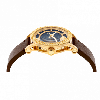 Versace Code watch front view with blue radial dial and ornate bezel detail