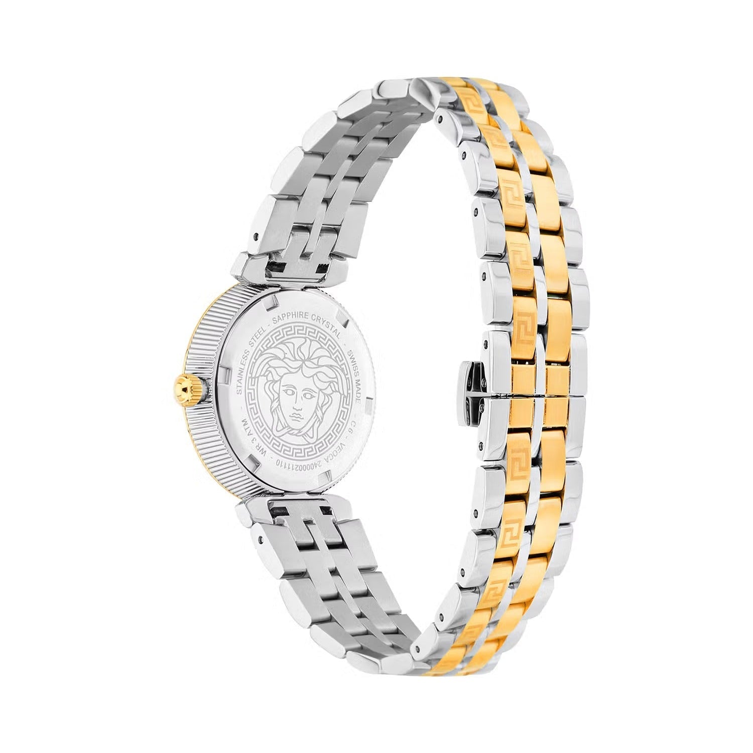 Versace Daphnis watch caseback showing Medusa medallion, stainless steel back, and crown detail