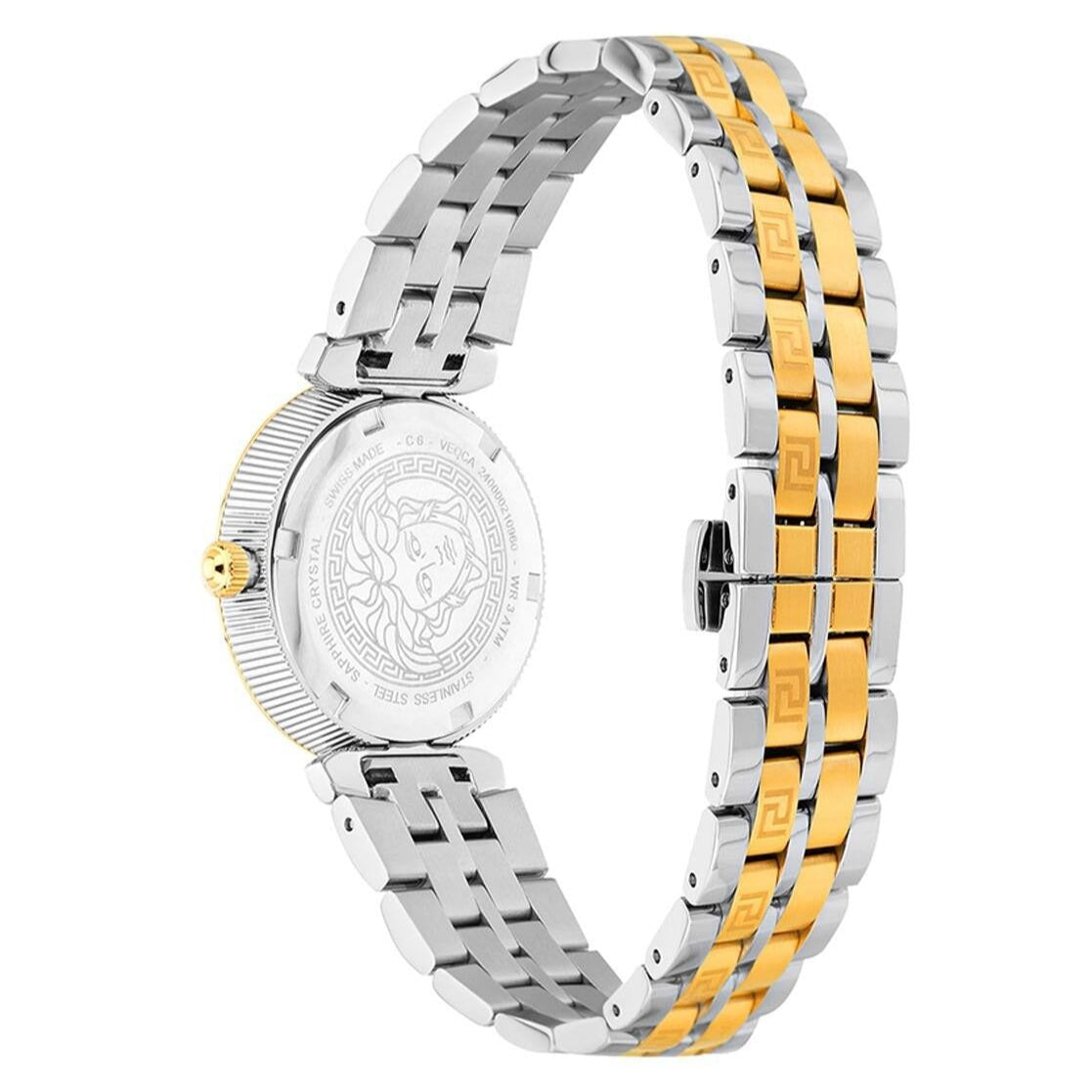 Versace Daphnis watch caseback displaying engraved Medusa medallion, two-tone bracelet visible