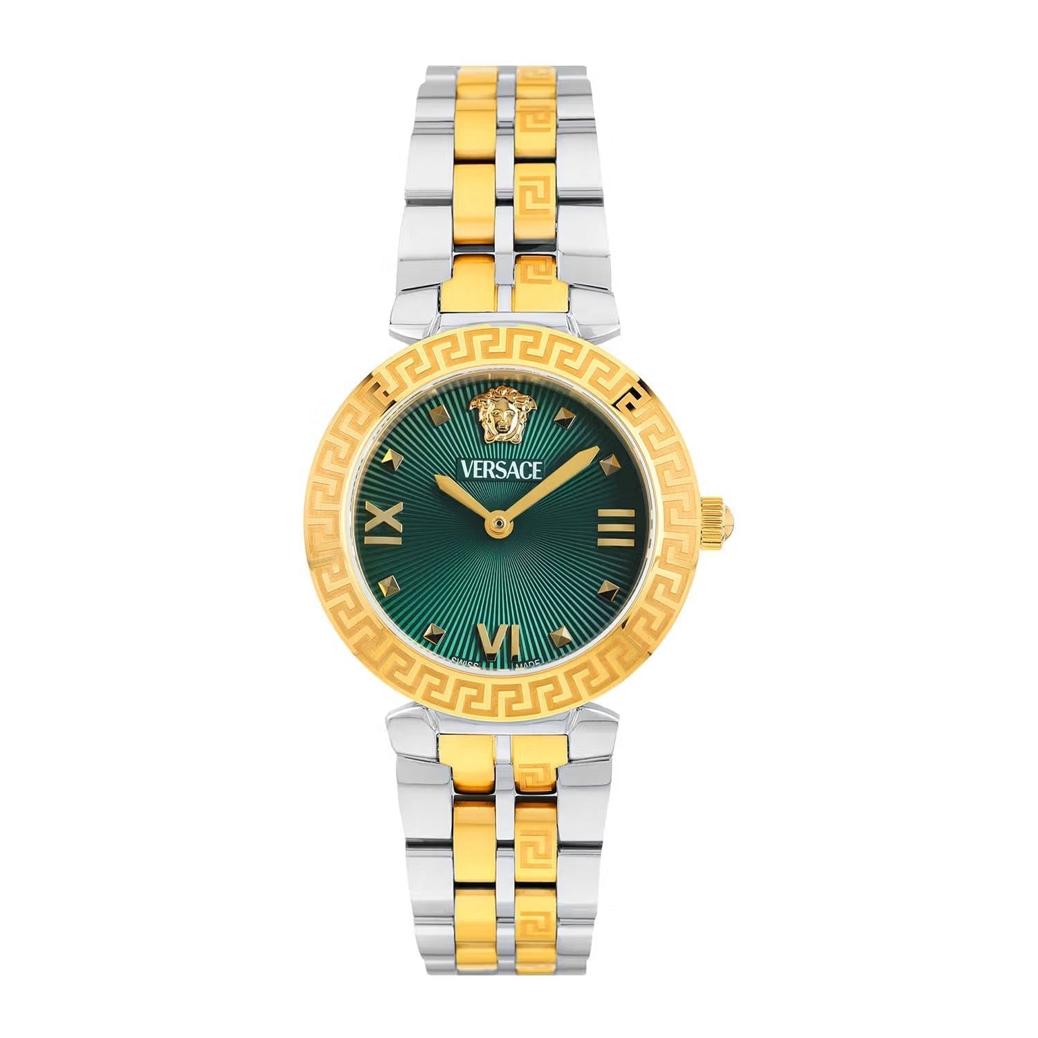 Versace Daphnis women's watch front view with green sunburst dial and two-tone bracelet