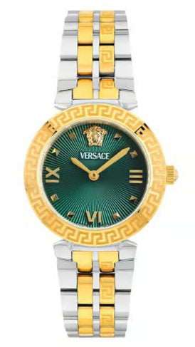 Versace Daphnis watch with green dial, two-tone stainless steel and gold bracelet, gold bezel