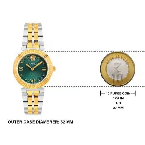 Versace Daphnis watch 32mm case diameter shown compared to 10 rupee coin for scale