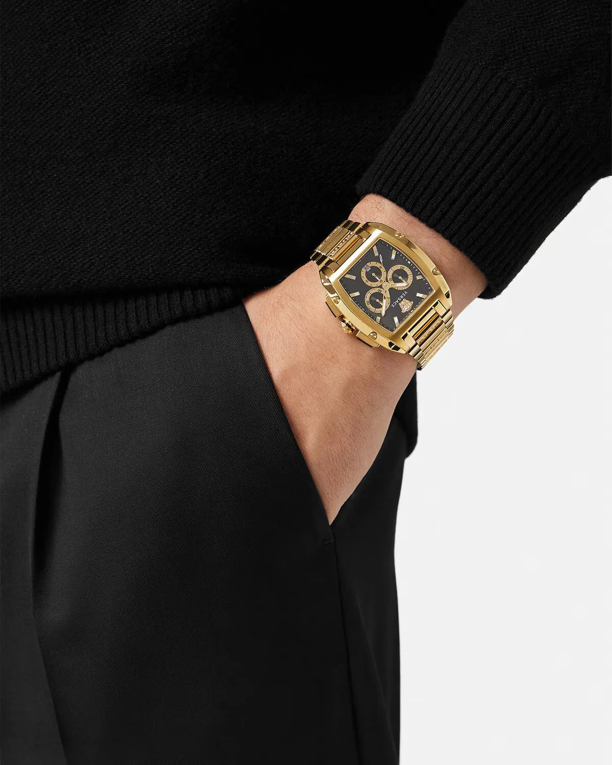 Versace Dominus Chronograph Black Dial Gold Steel Strap Watch For Men - VE6H00523 - Unisex Watches