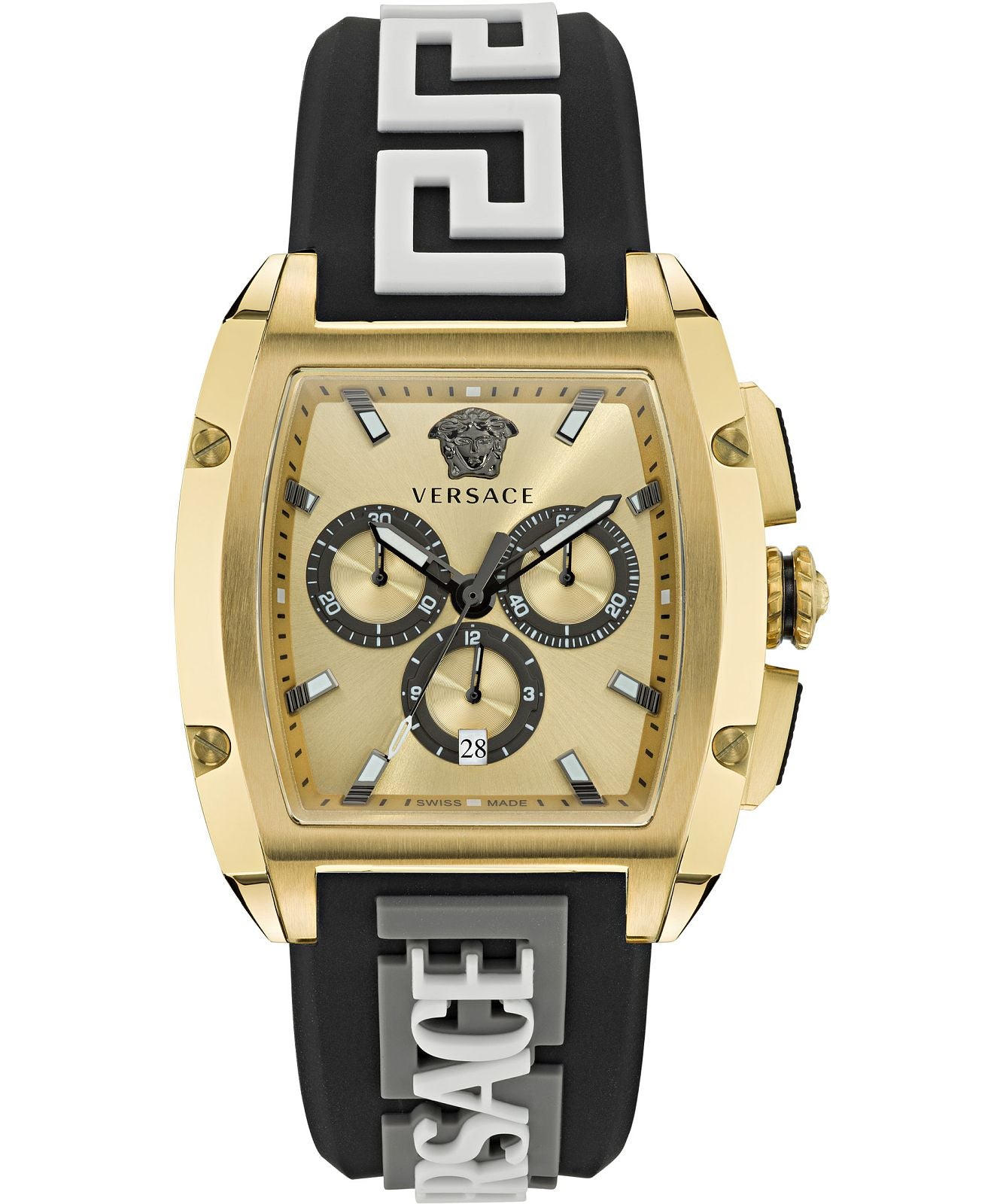 Versace Dominus Chronograph with gold dial, gold tonneau case, and black rubber strap with Greek key pattern