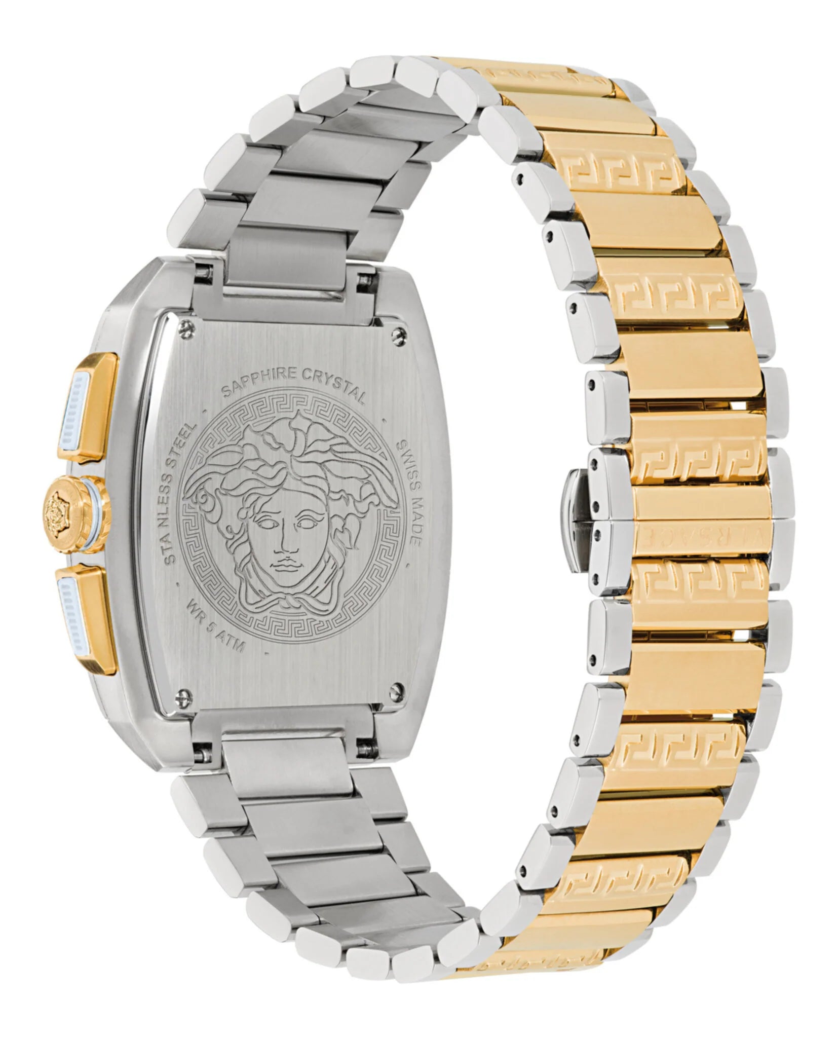 Caseback of Versace Dominus watch featuring engraved Medusa medallion and two-tone stainless steel bracelet