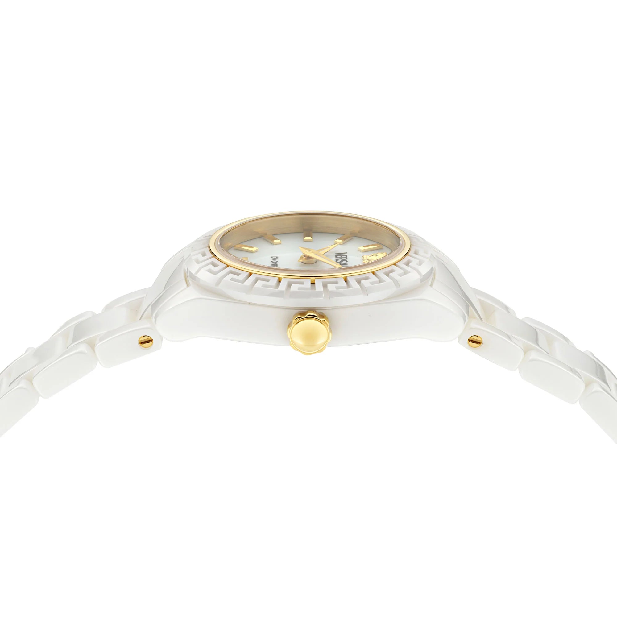 Side angle view of Versace DV One Mini white ceramic watch showing bezel and strap