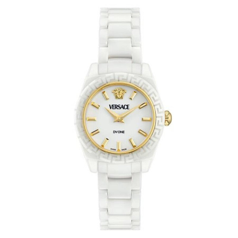 Versace DV One Mini 28mm white ceramic watch with white dial and gold-tone hour markers