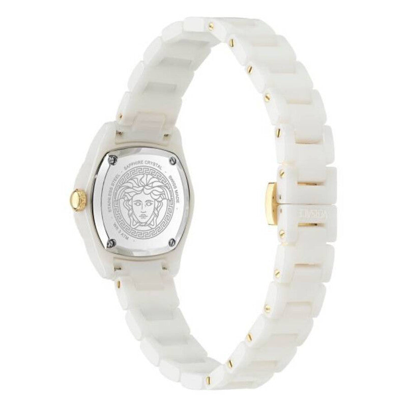 White ceramic link bracelet and caseback with Versace Medusa medallion detail