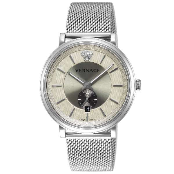 Versace Dylos automatic GMT men's watch with silver sunburst dial and steel mesh bracelet