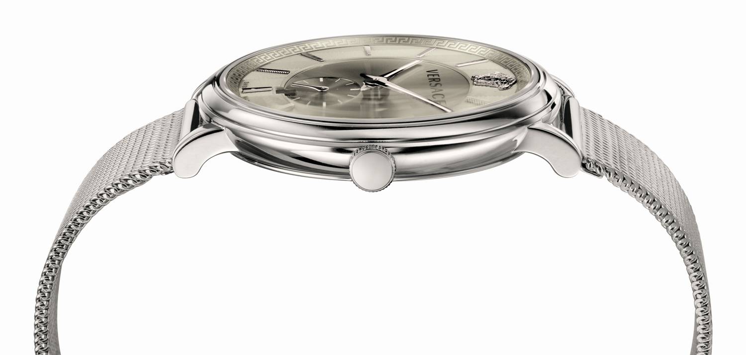 Side profile of Versace Dylos 42mm watch showing stainless steel case and mesh strap