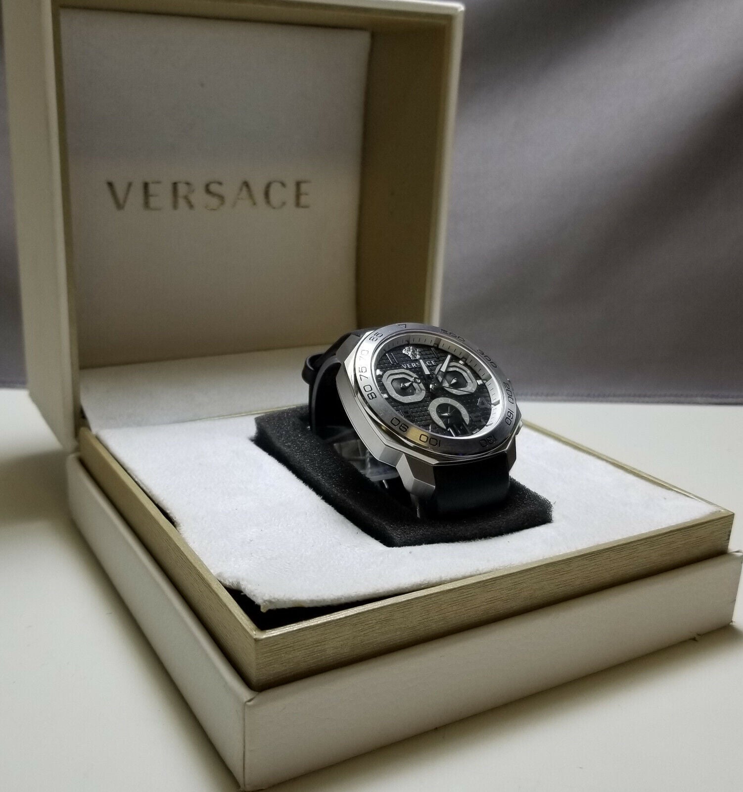 Versace Dylos watch in original box with Versace branding on lid