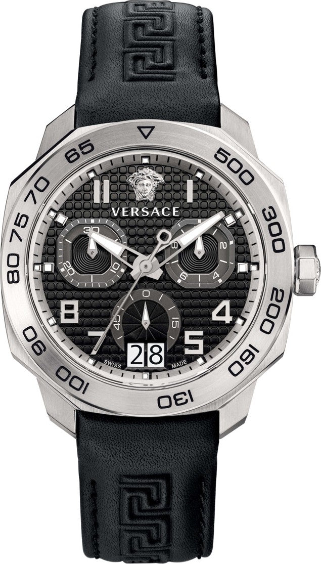 Versace Dylos chronograph watch with black dial, stainless steel case, and black leather strap