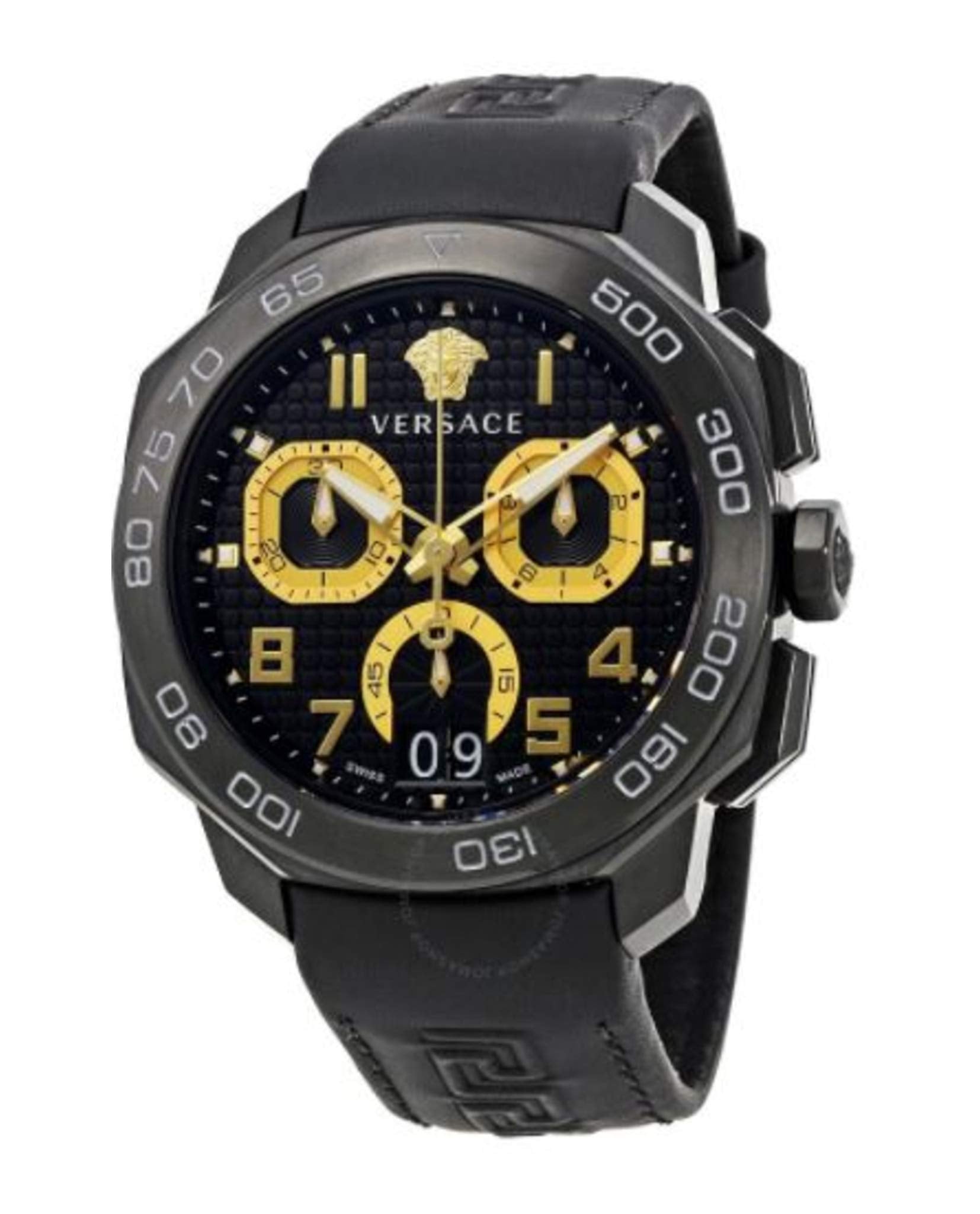Versace Dylos chronograph angled view showing black case and gold three subdials