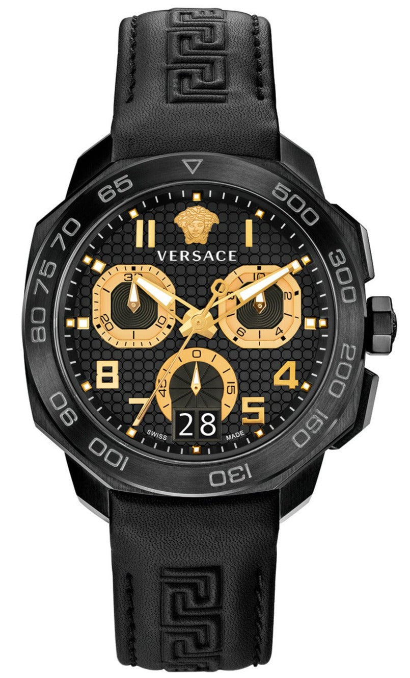 Versace Dylos black chronograph watch with gold subdials and Greek key strap pattern