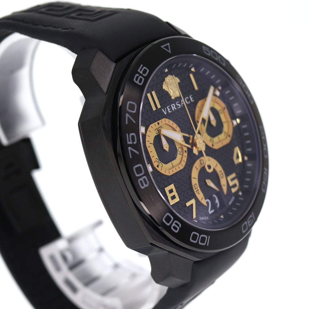 Versace Dylos black chronograph watch on wrist with white strap detail visible