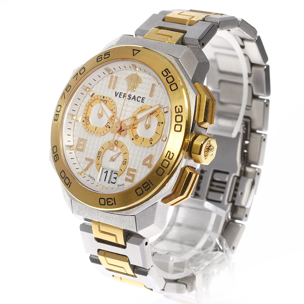 Versace Dylos chronograph watch angled view showing dial and two-tone bracelet