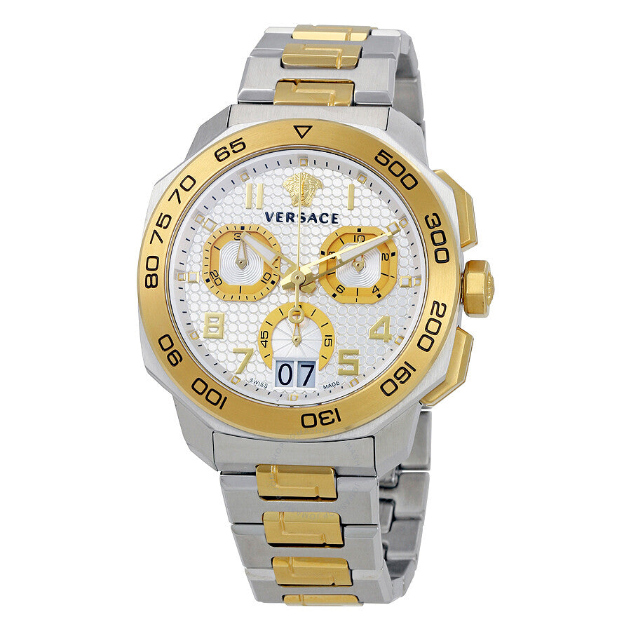 Versace Dylos chronograph watch with silver dial, gold bezel, and two-tone steel strap