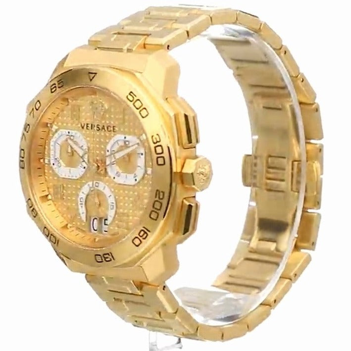 Versace Dylos gold chronograph watch shown from side angle with bracelet visible