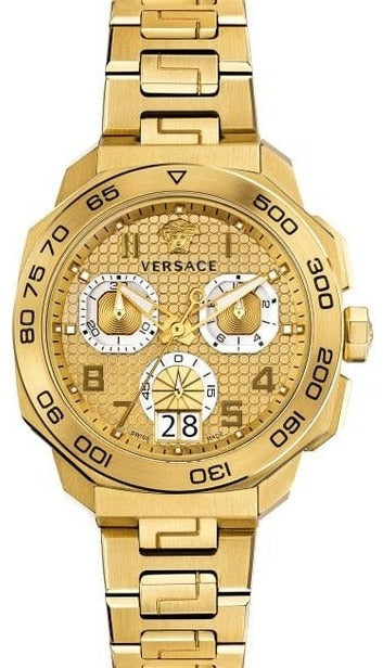 Versace Dylos chronograph gold watch with gold dial and steel bracelet