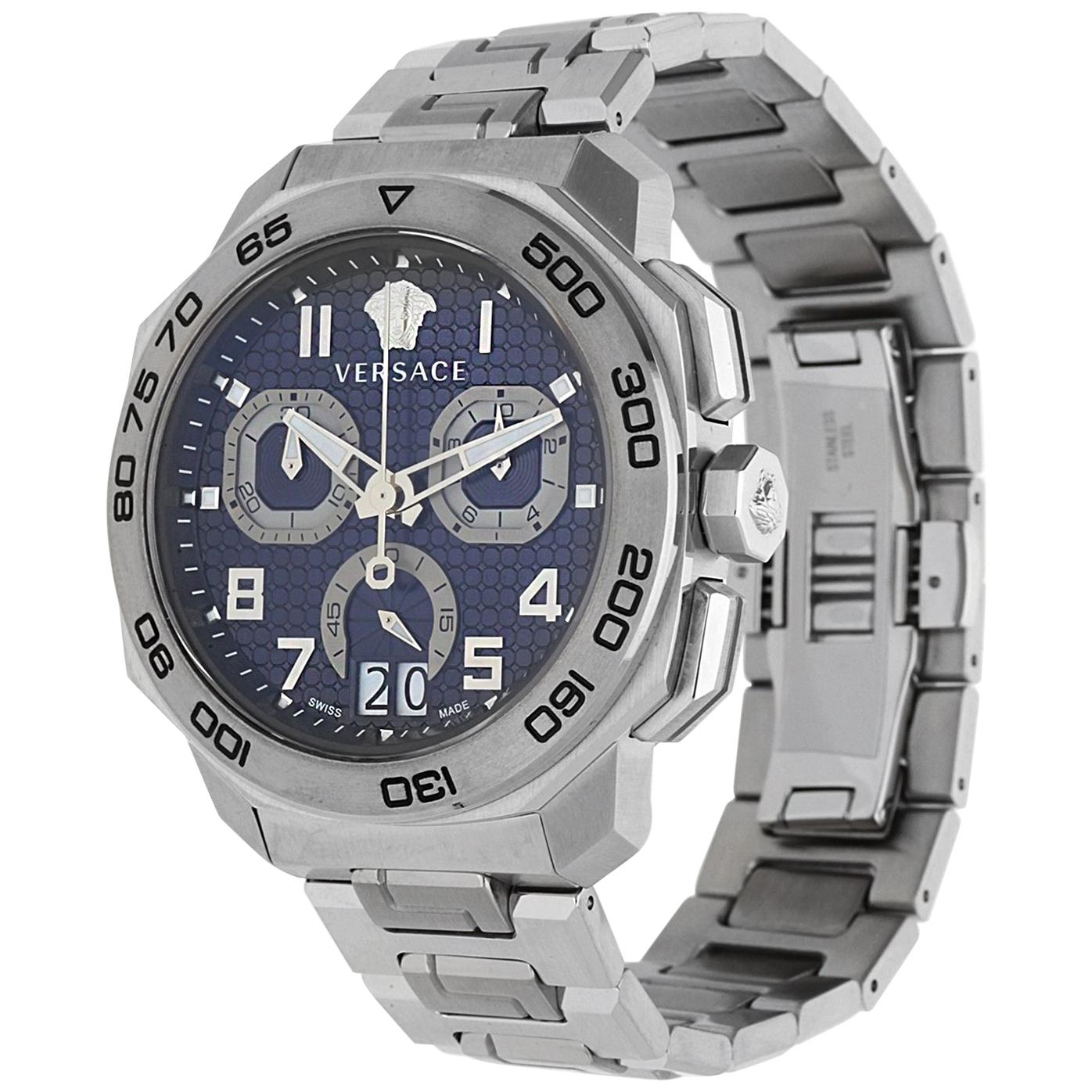 Versace Dylos chronograph watch shown at angle with visible steel case and bracelet