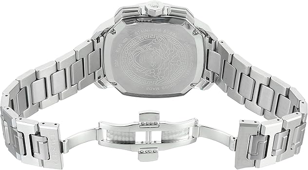 Versace Dylos watch caseback and strap view showing steel case and bracelet