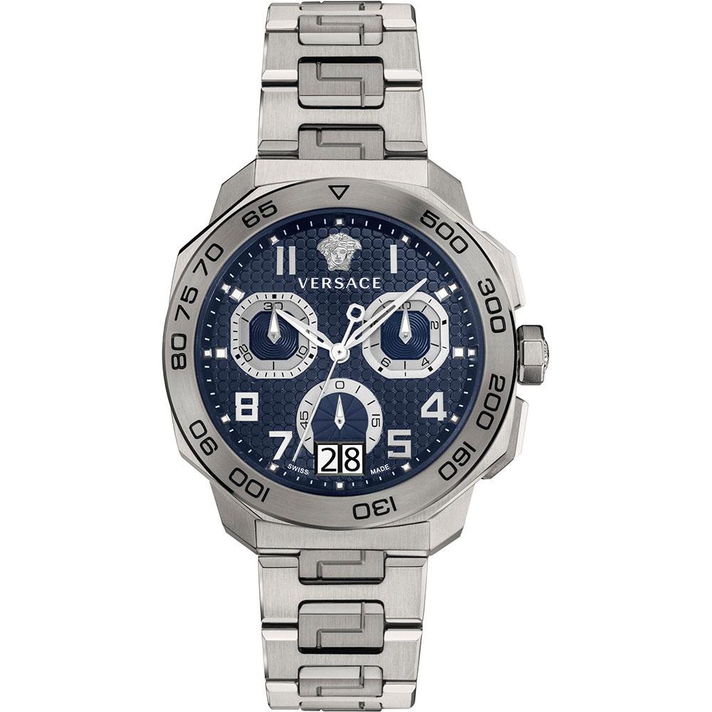 Versace Dylos chronograph watch with blue dial, silver steel case, and steel bracelet strap