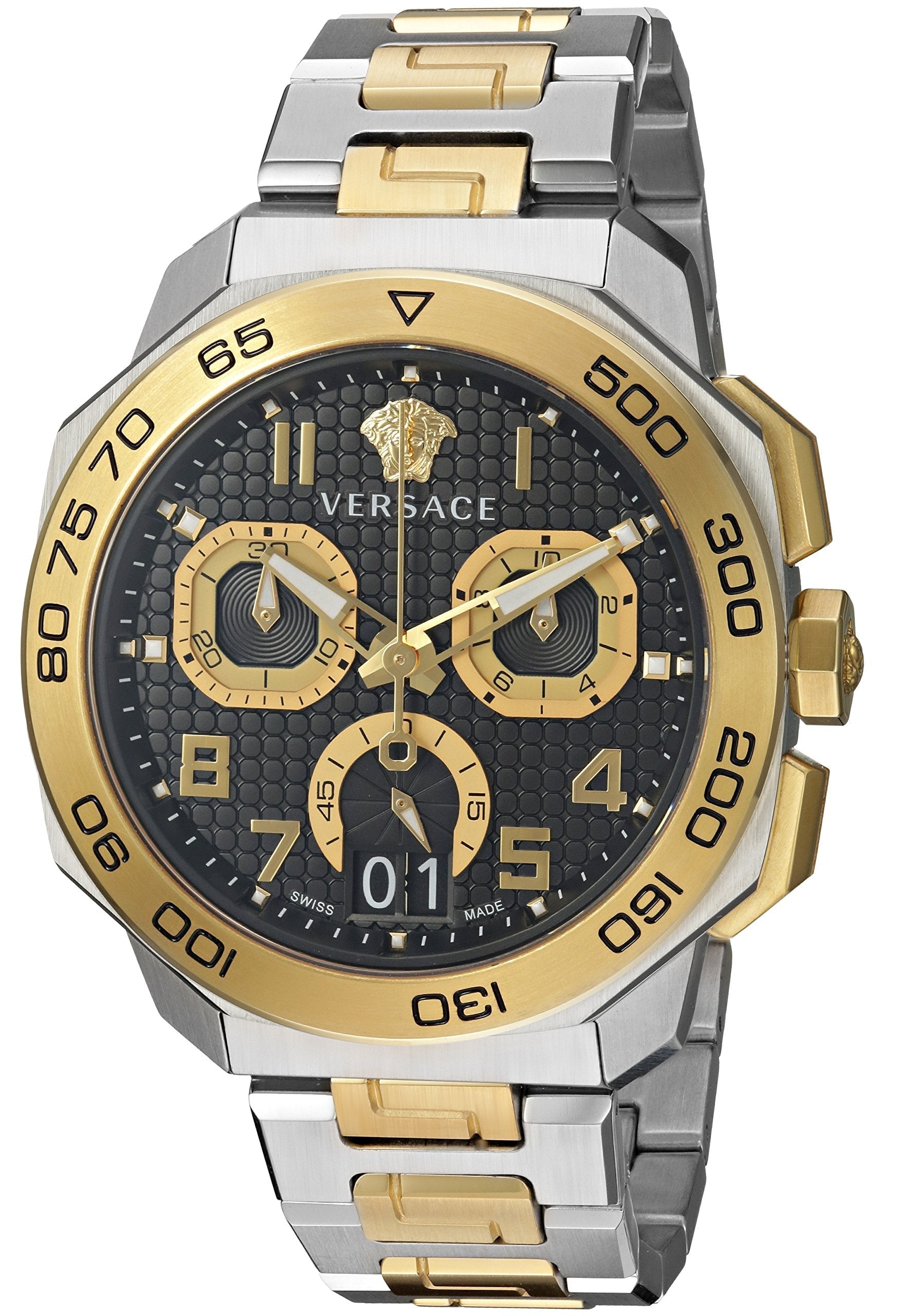 Versace Dylos chronograph watch with black dial, gold and steel two-tone case and bracelet