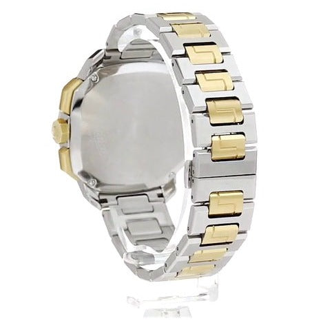 Side view of Versace Dylos chronograph watch showing two-tone bracelet and case profile