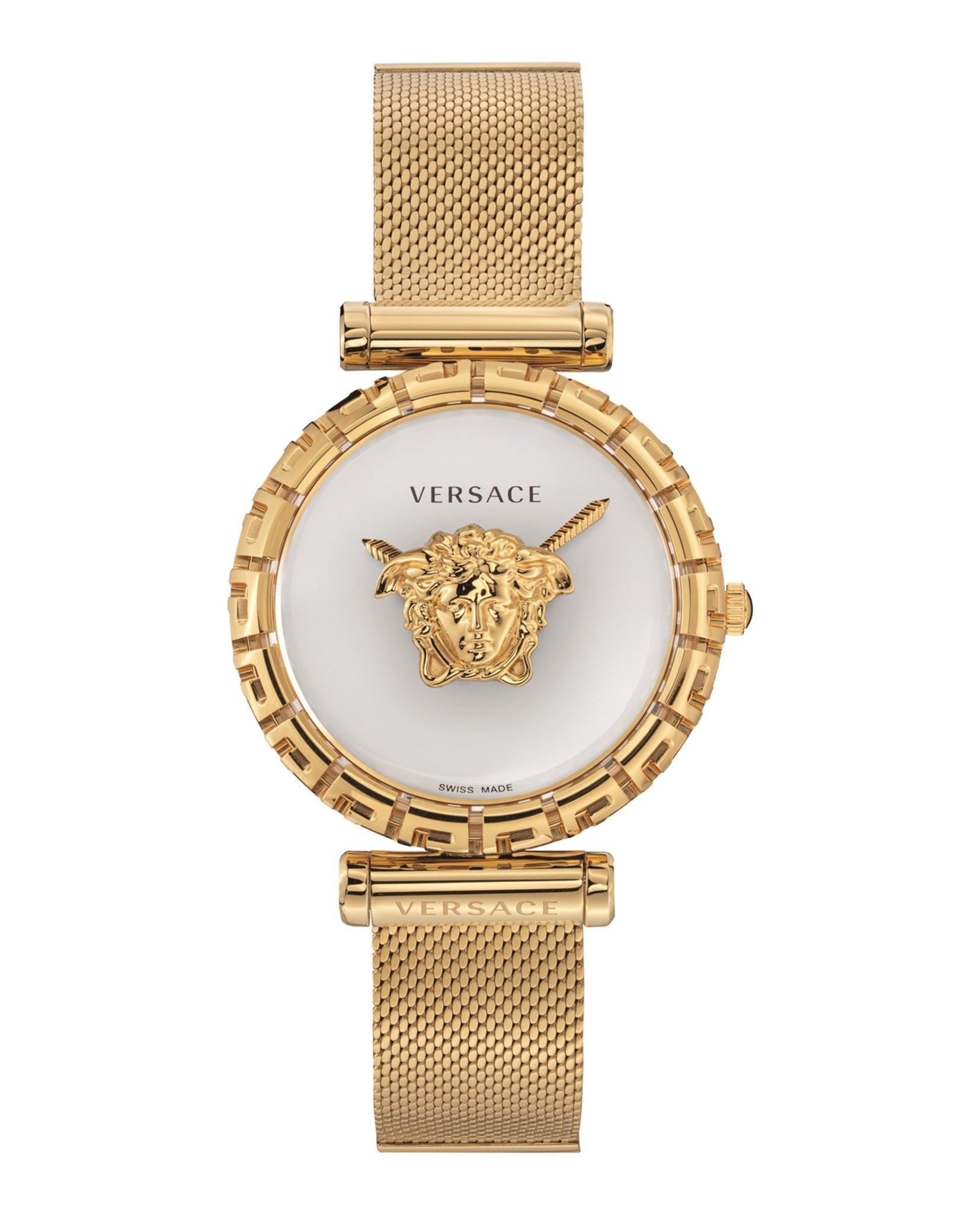 Versace Empire Greca gold women's watch with white dial, Medusa head logo, and mesh strap