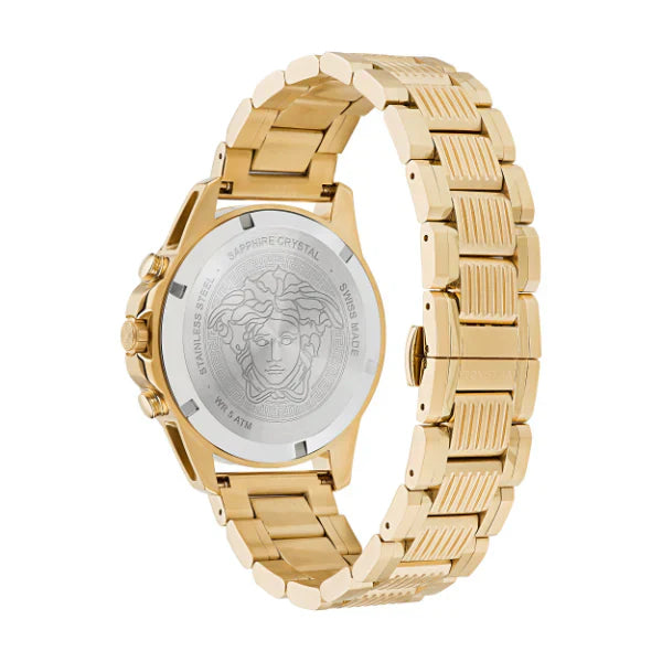 Versace Greca Action watch caseback showing Medusa head emblem