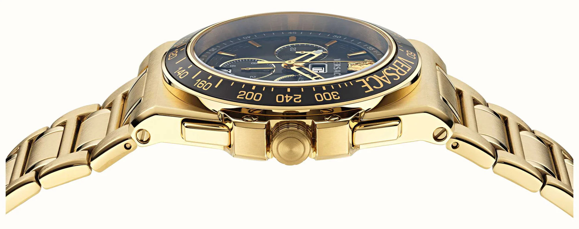Side profile of Versace Greca Extreme gold-tone chronograph watch with tachymeter bezel