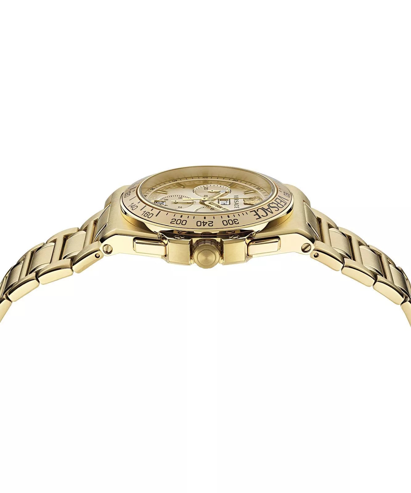 Side angle view of Versace Greca Extreme gold chronograph watch with bracelet