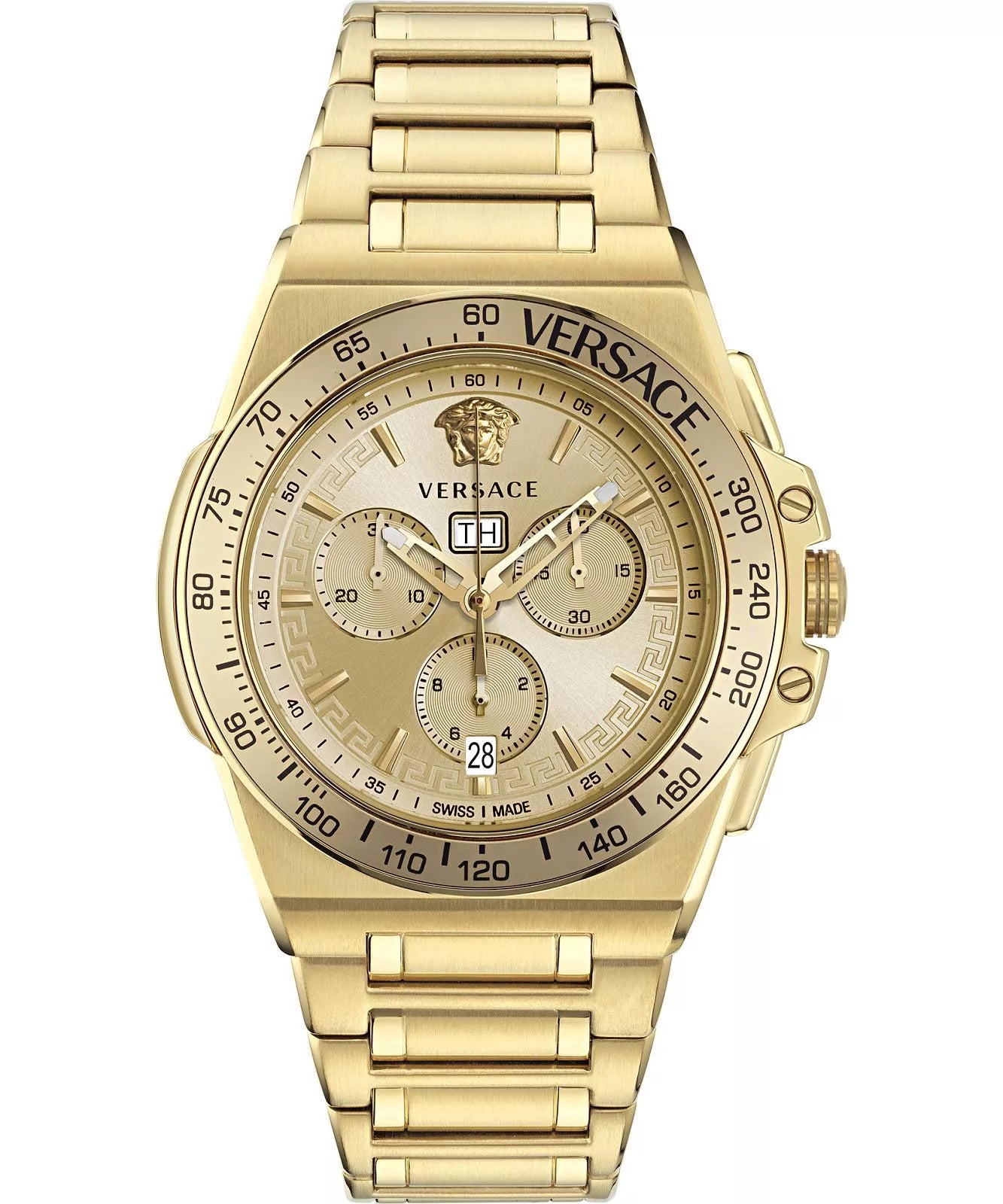 Versace Greca Extreme gold chronograph watch with gold dial and gold bracelet