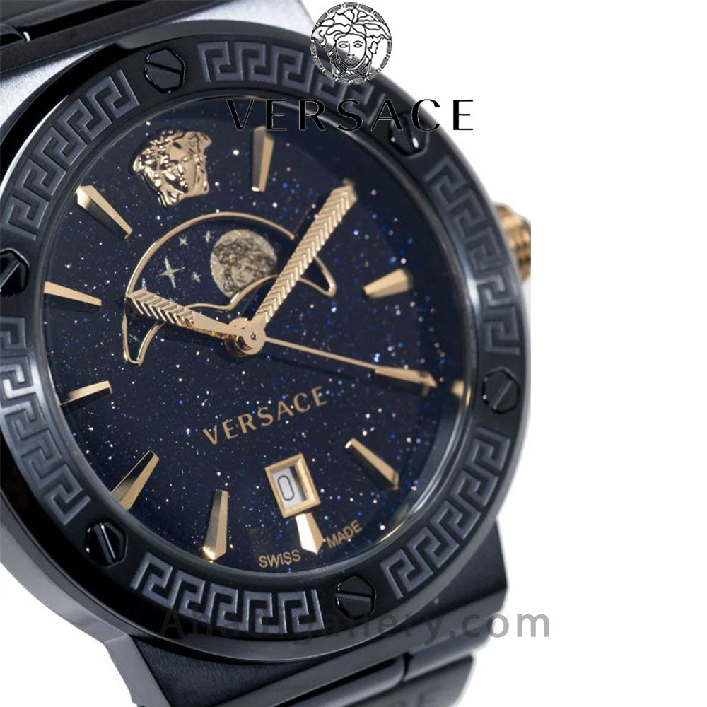 Versace moonphase dark blue dial with moon phase indicator and gold-tone hands and hour markers