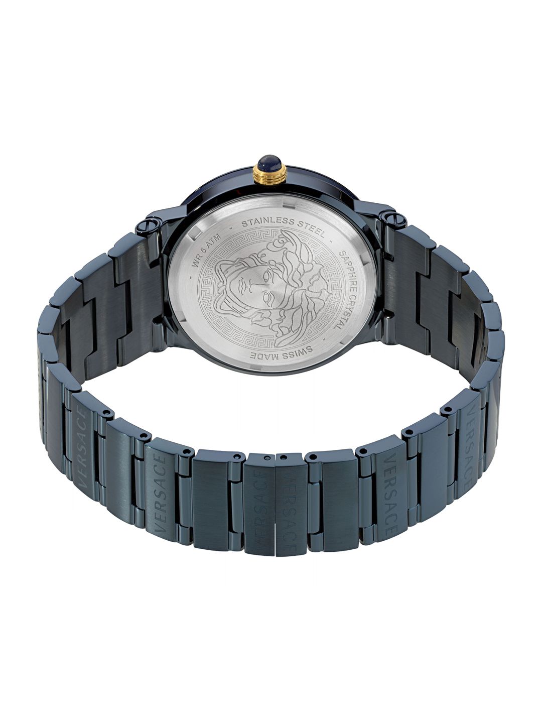 Versace moonphase watch side profile with dark blue case and stainless steel bracelet