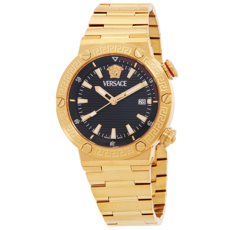 Versace Greca Logo Quartz Black Dial Gold Steel Strap Watch for Men - VE8G00624