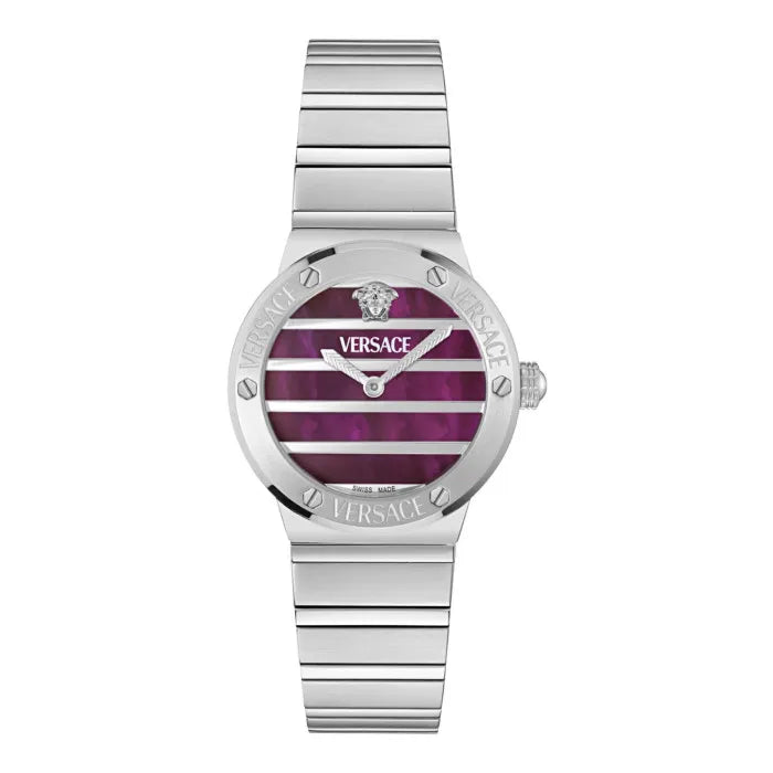 Versace Greca Logo women's watch with burgundy striped mother of pearl dial and silver steel bracelet