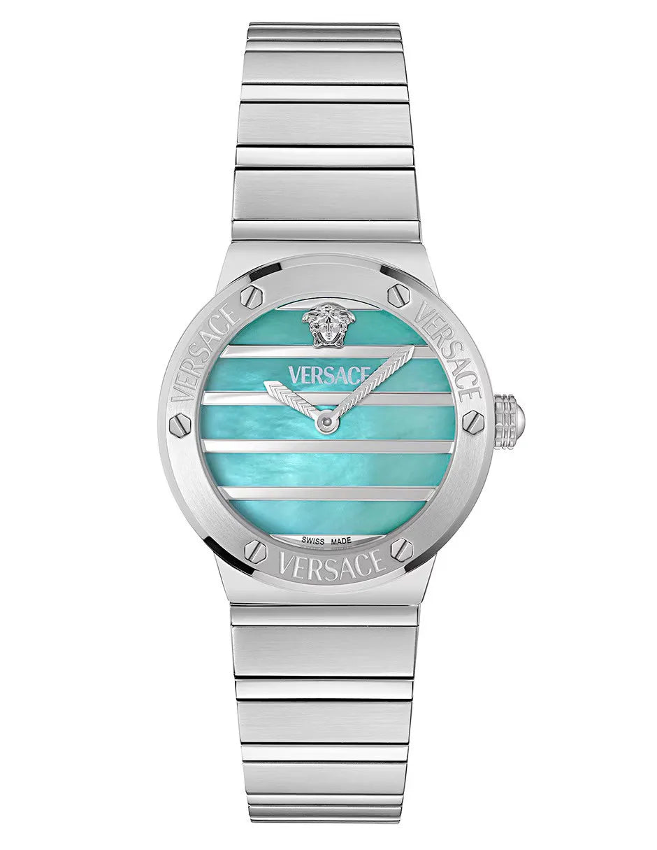 Versace Greca Logo women's watch with turquoise mother of pearl dial and stainless steel bracelet