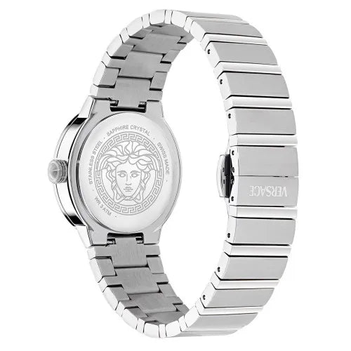 Versace Greca Logo watch shown from side with stainless steel bracelet and caseback detail