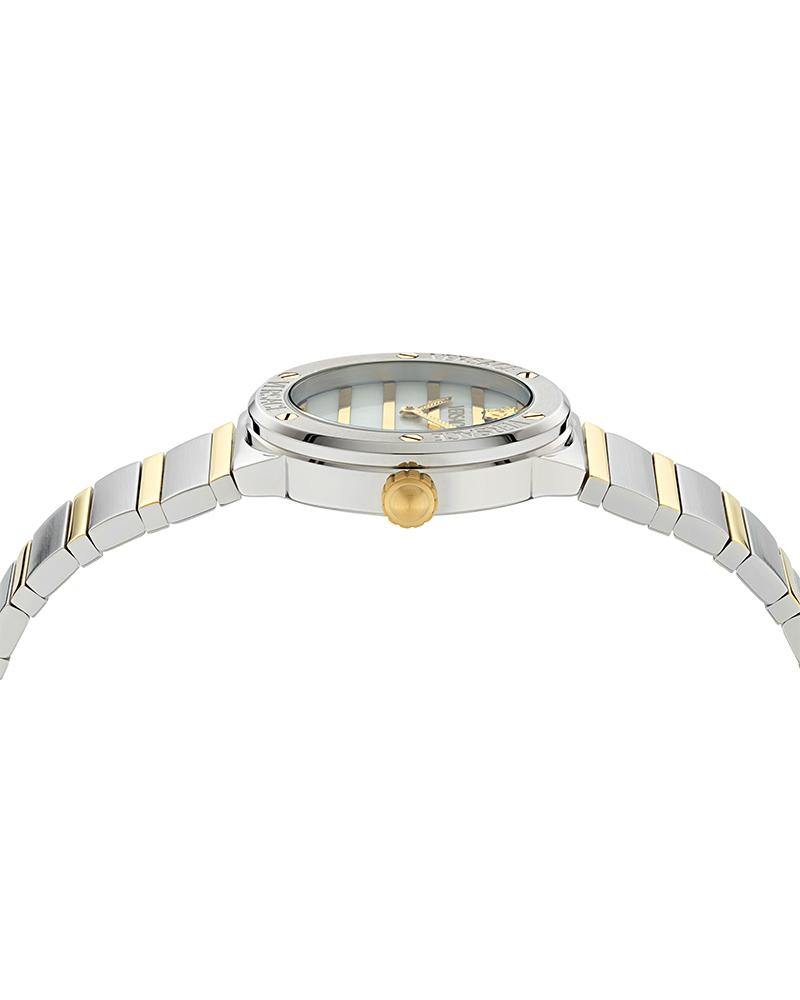 Versace Greca Logo watch showing case profile and two-tone bracelet detail