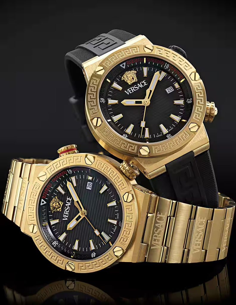 Two Versace Greca Logo watches displayed showing gold steel case, black dial variants