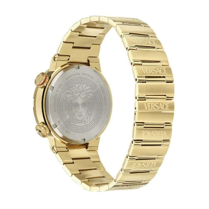 Versace Greca Logo gold steel bracelet side view with engraved Versace branding